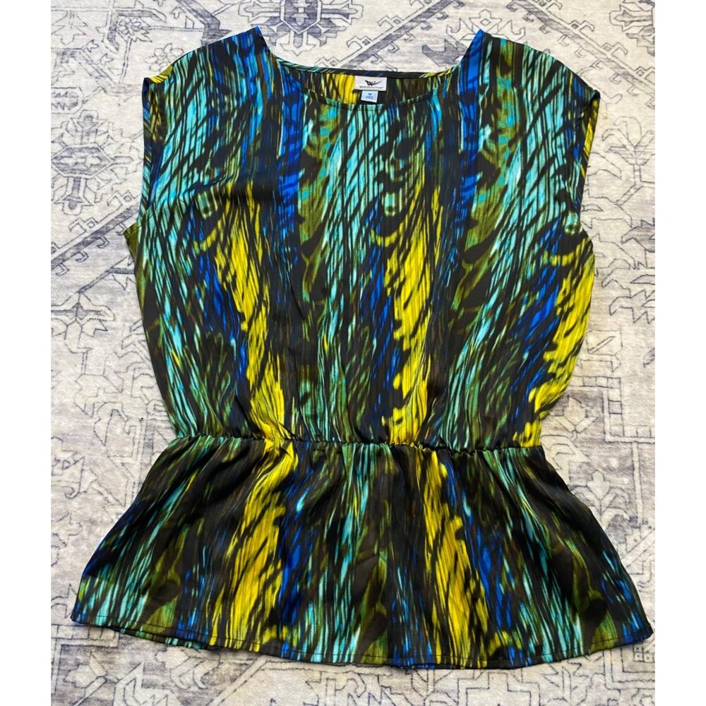 Worthington Womens Multicolor Sleeveless Peplum Top Medium Black‎ Blue Green Y2K